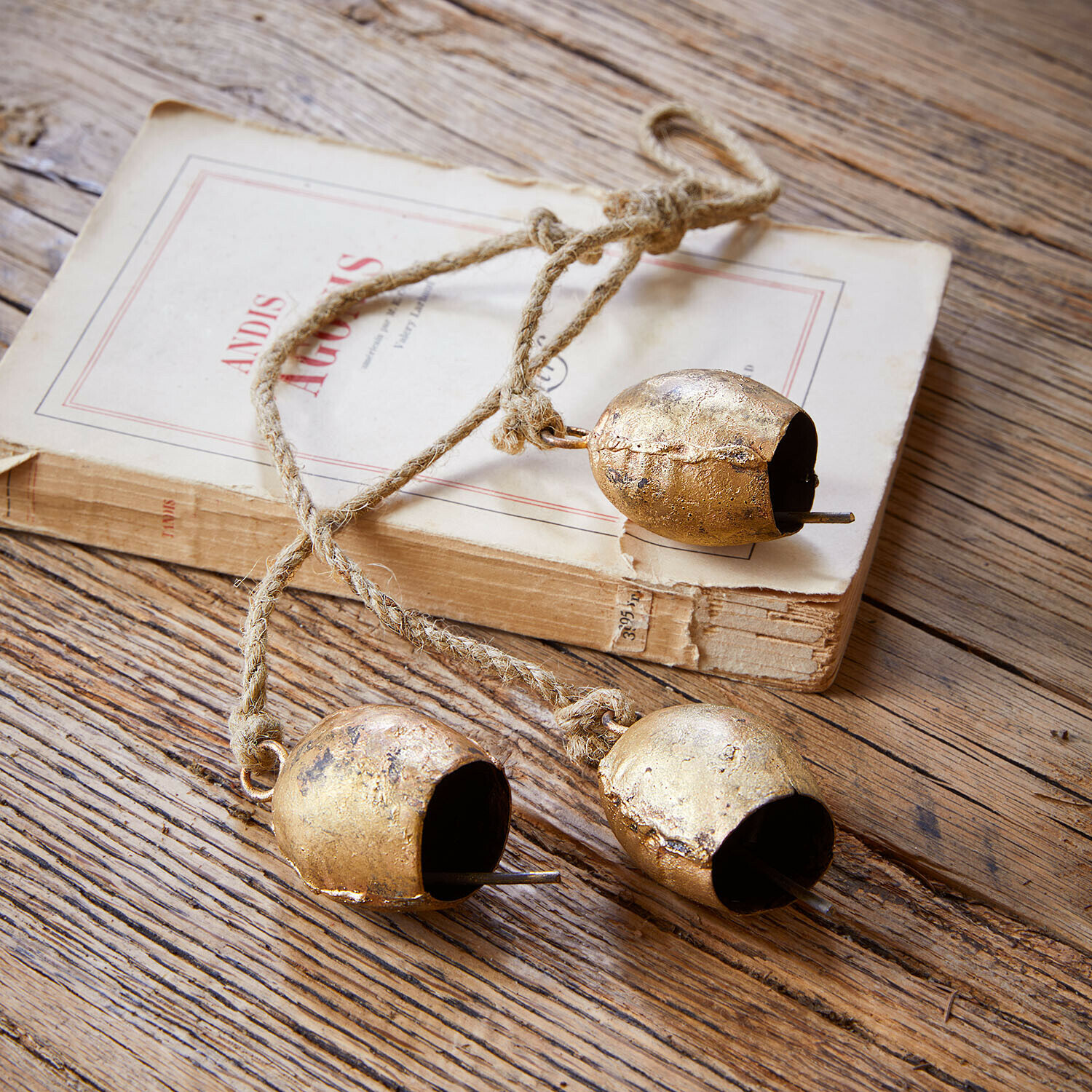 Set di 3 campanelle Orelli Tre campane in metallo dorato su corda su tavolo di legno con libro antico sullo sfondo