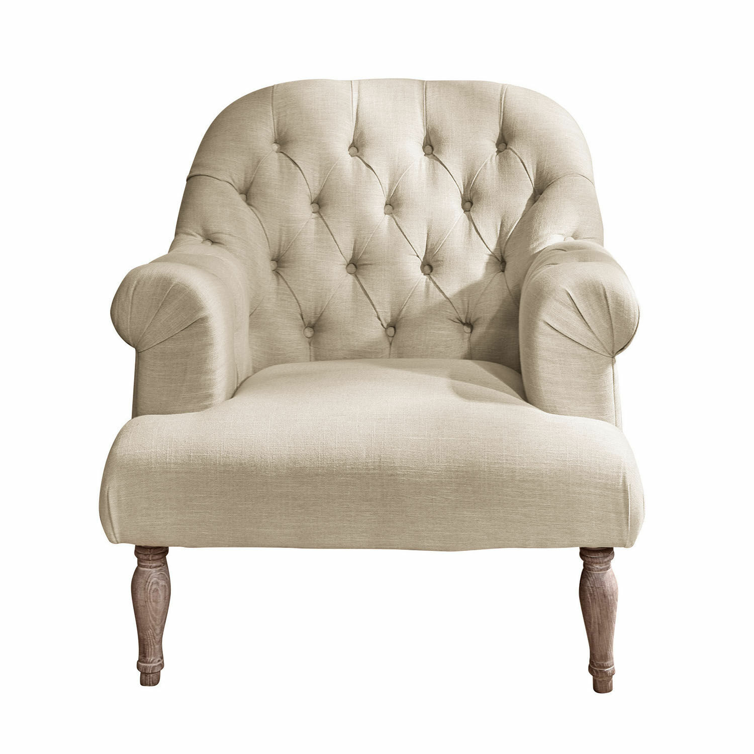 lino Poltrona Shambrook in lino beige con schienale capitonné e gambe in legno, stile vintage elegante