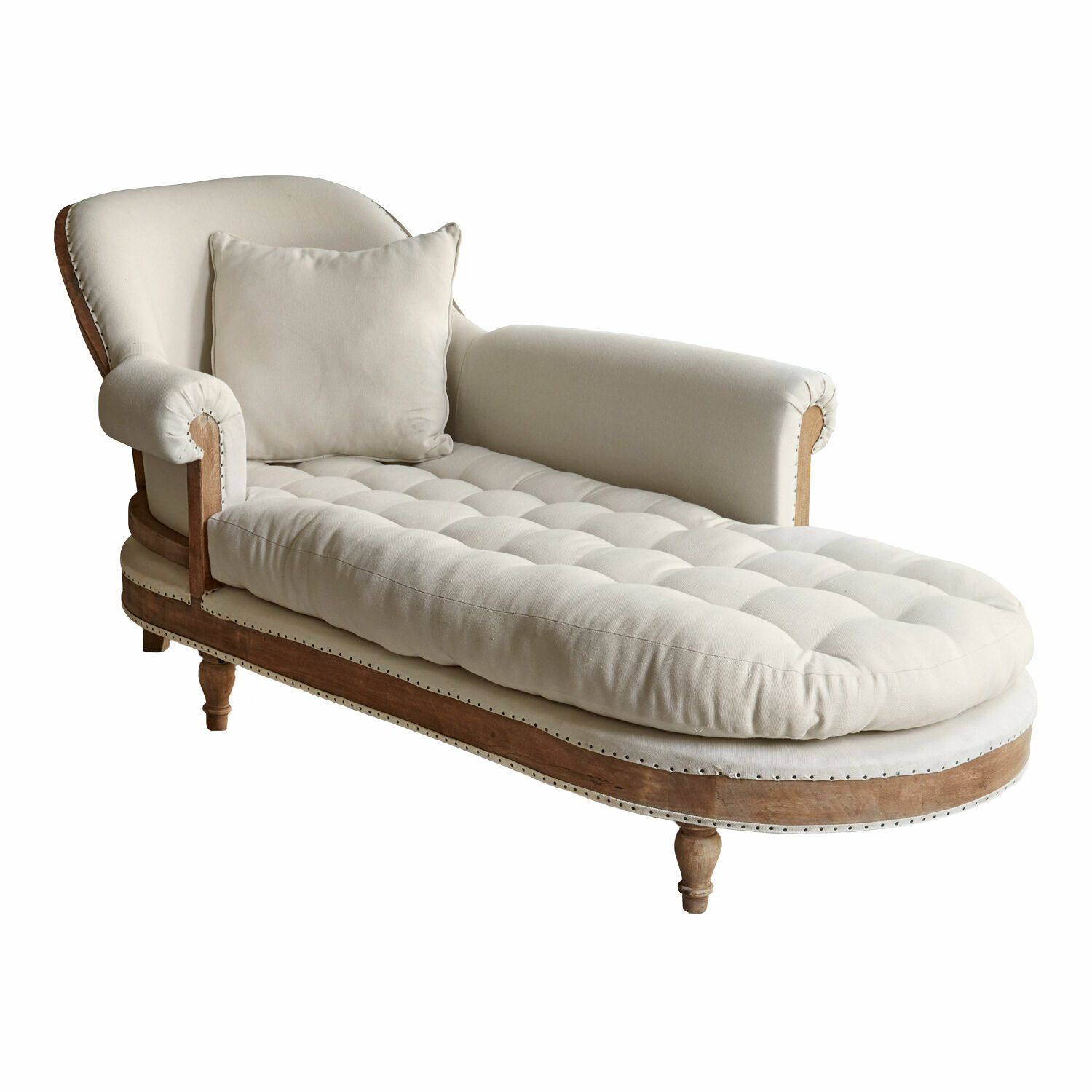 Chaise longue Queyranne Chaise longue elegante in tessuto beige con struttura in legno, mobile confortevole per soggiorno