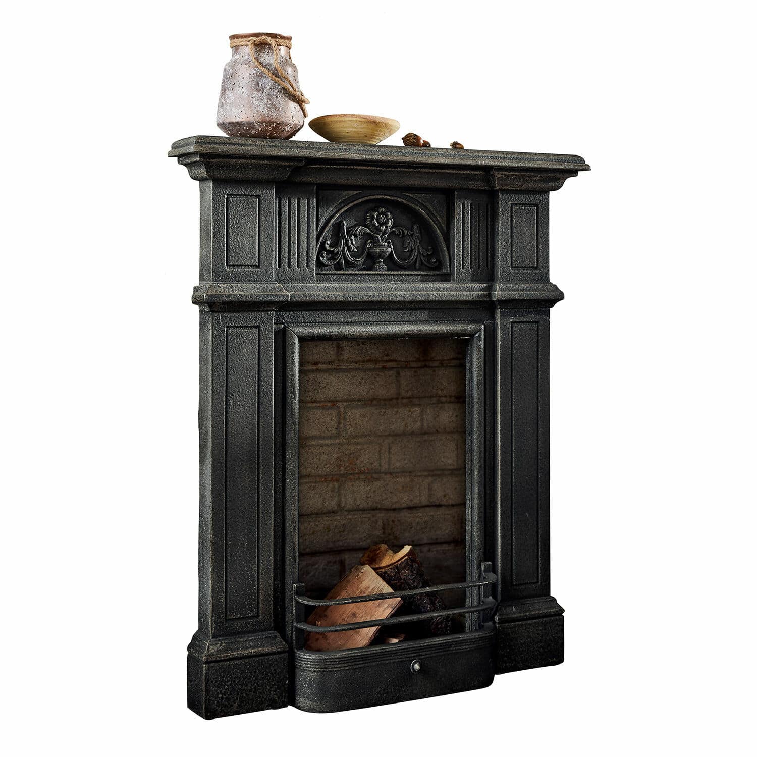 Consolle caminetto Corvelle Camino nero con frontale decorativo e ceppi di legno, elemento decorativo elegante per il soggiorno