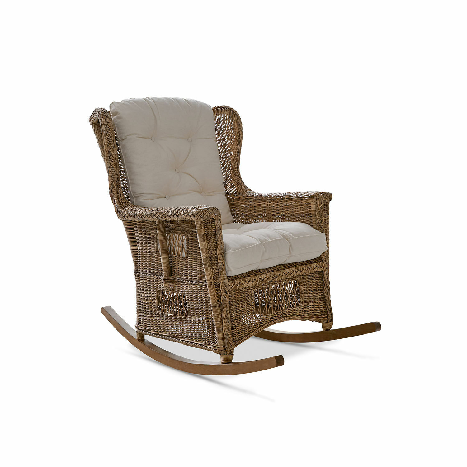 Sedia a dondolo Jeveren Sedia a dondolo in rattan con cuscino crema, colore naturale, poltrona comoda per soggiorno