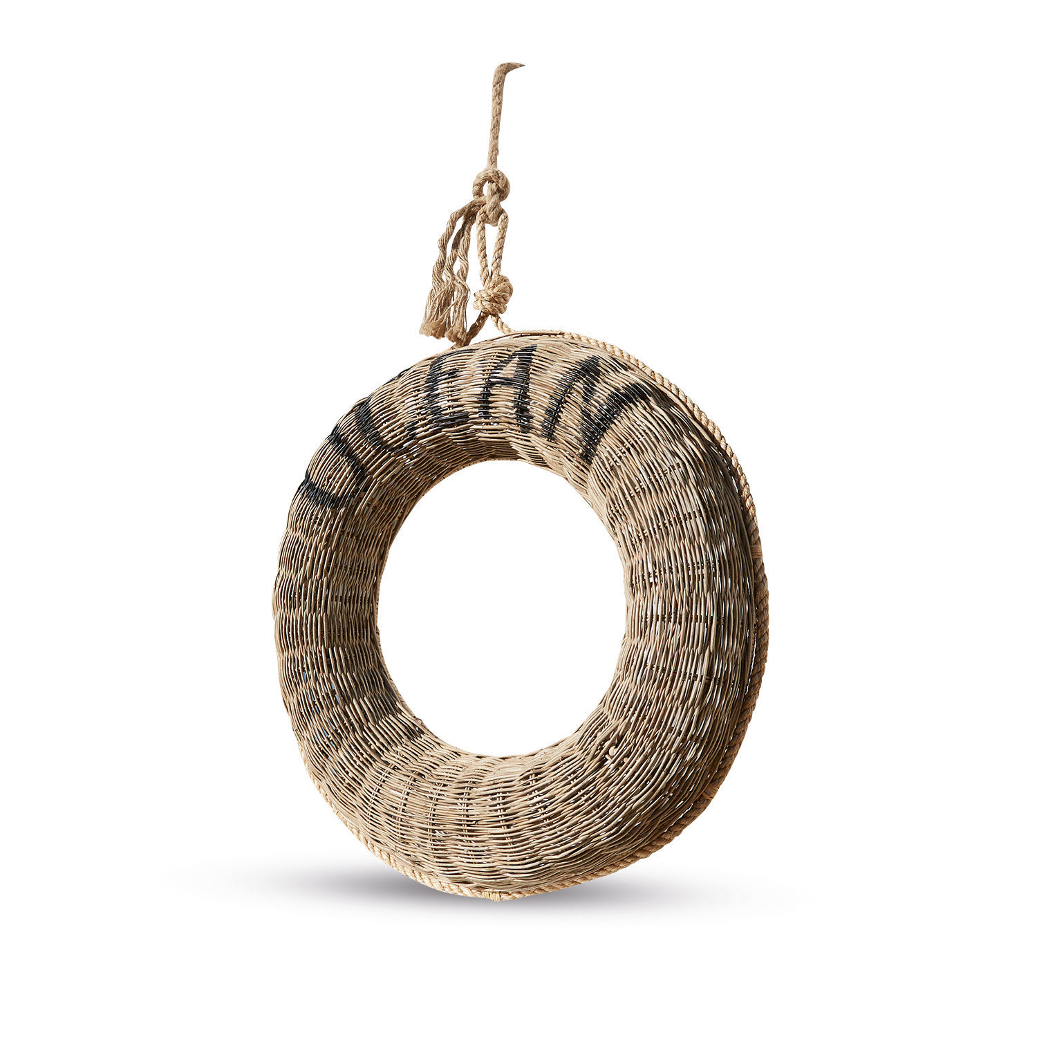 Salvagente decorativo Oceen Corona rotonda in vimini naturale con scritta nera, decorazione da parete sospesa per interni