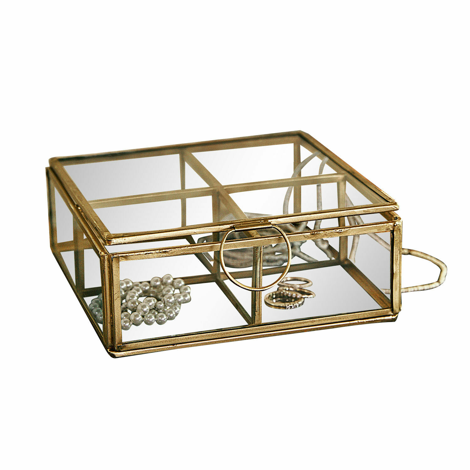 Cofanetto Moselle Scatola porta gioie in vetro con cornice metallica color oro antico e scomparti per accessori