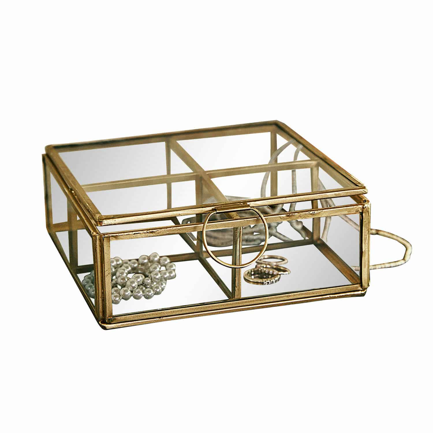 Cofanetto Moselle Scatola porta gioie in vetro con cornice metallica color oro antico e scomparti per accessori