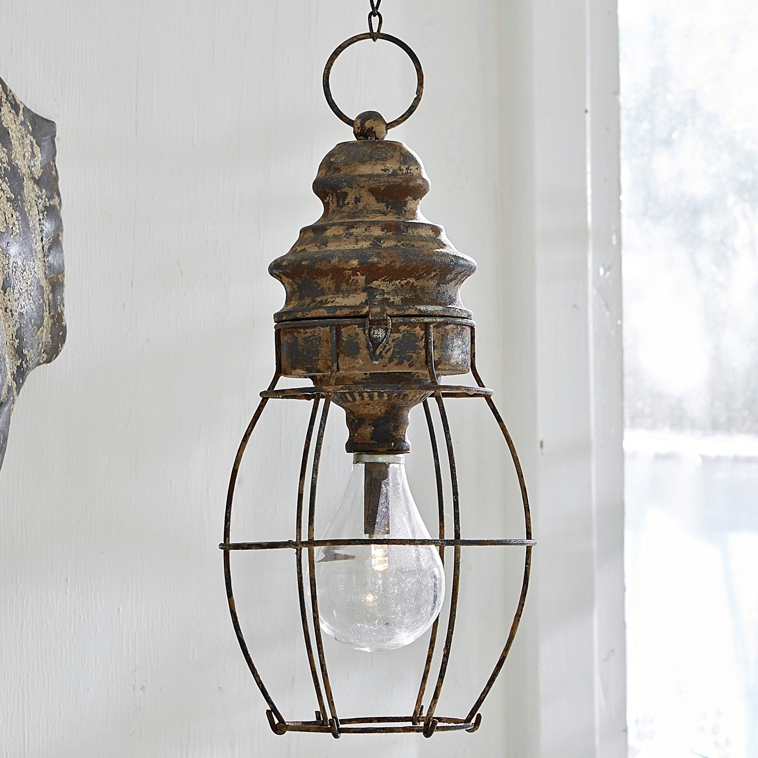 Lanterna a LED Hemsboro Lampada a sospensione con gabbia metallica in bronzo invecchiato, stile industriale per interni