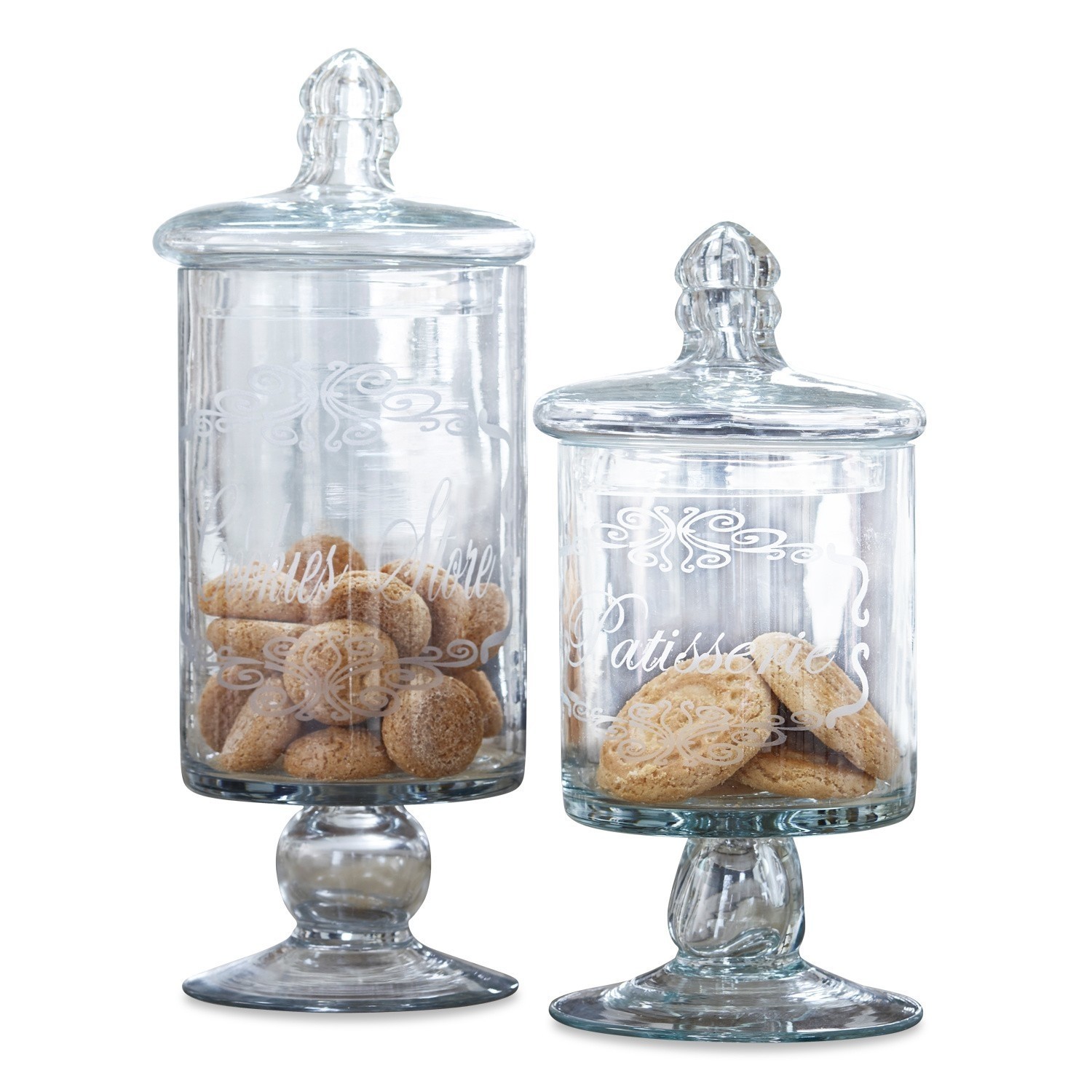 Coppia di barattoli Suzie Due contenitori in vetro trasparente con base e coperchio, pieni di biscotti, vetro decorativo