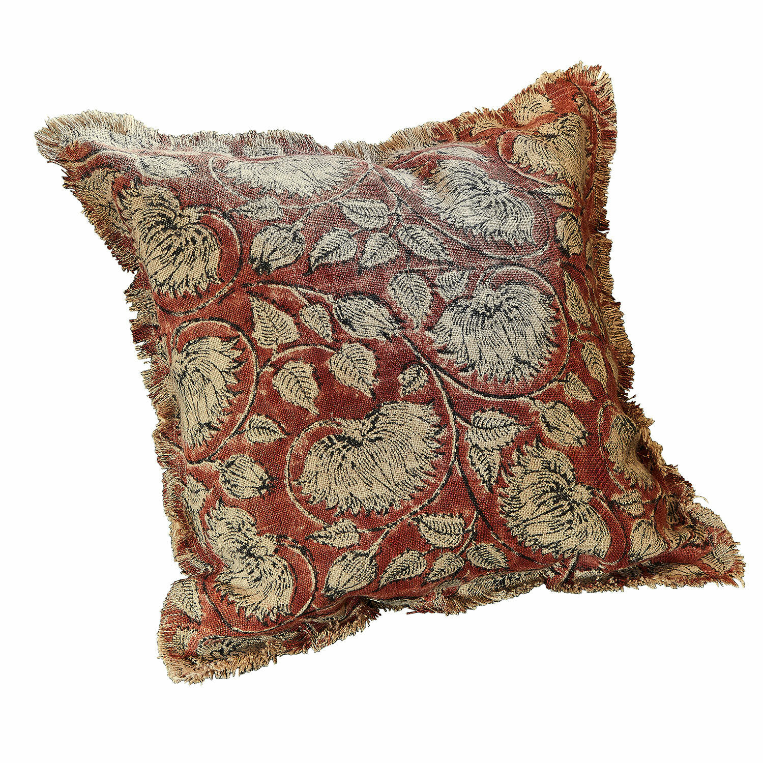 Copricuscino Lemisto Cuscino decorativo in tessuto rosso e beige con motivo floreale e frange, accessorio per soggiorno