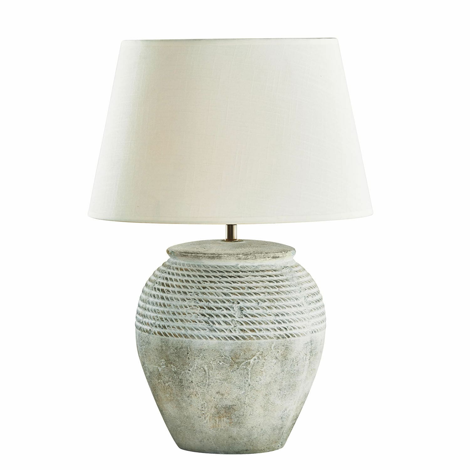 Lampada da tavolo Brookline Lampada da tavolo con paralume bianco e base in ceramica grigia con trama a corda