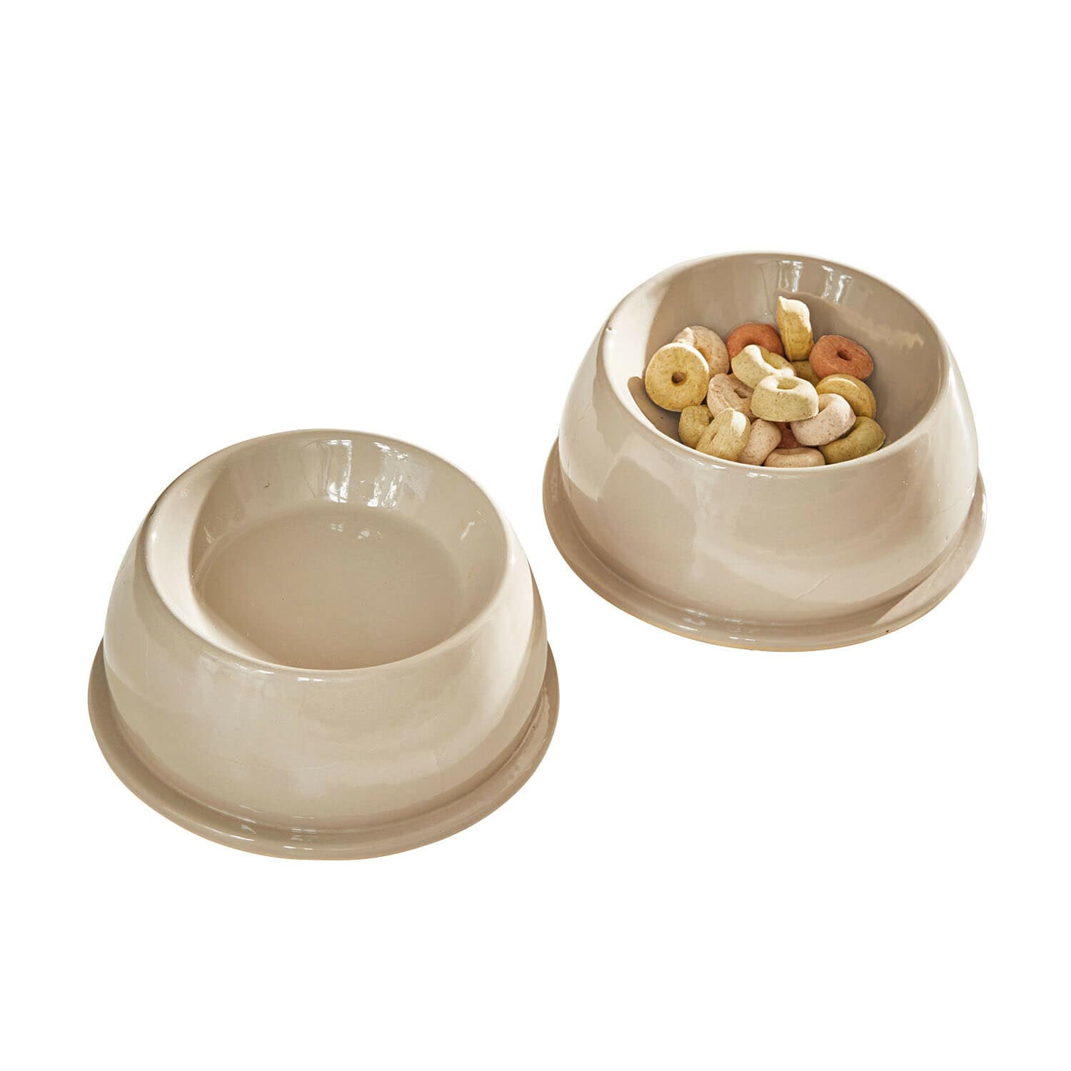 Coppia di ciotole per animali Kireva Due ciotole in ceramica beige per animali, una con crocchette, l'altra vuota, accessori pratici per cani