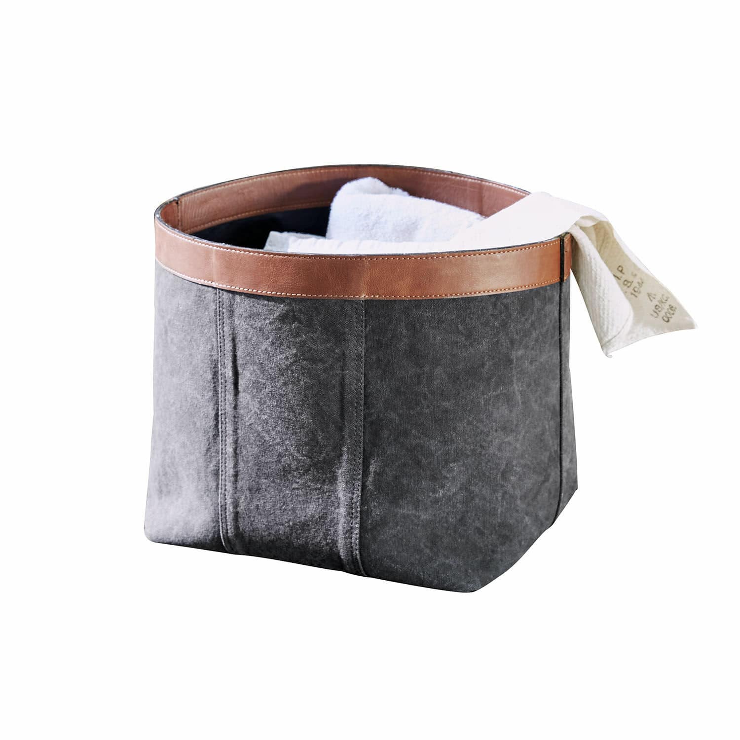 Cesto Chansonet Contenitore in tessuto grigio con bordo in pelle marrone, perfetto per riporre asciugamani e accessori