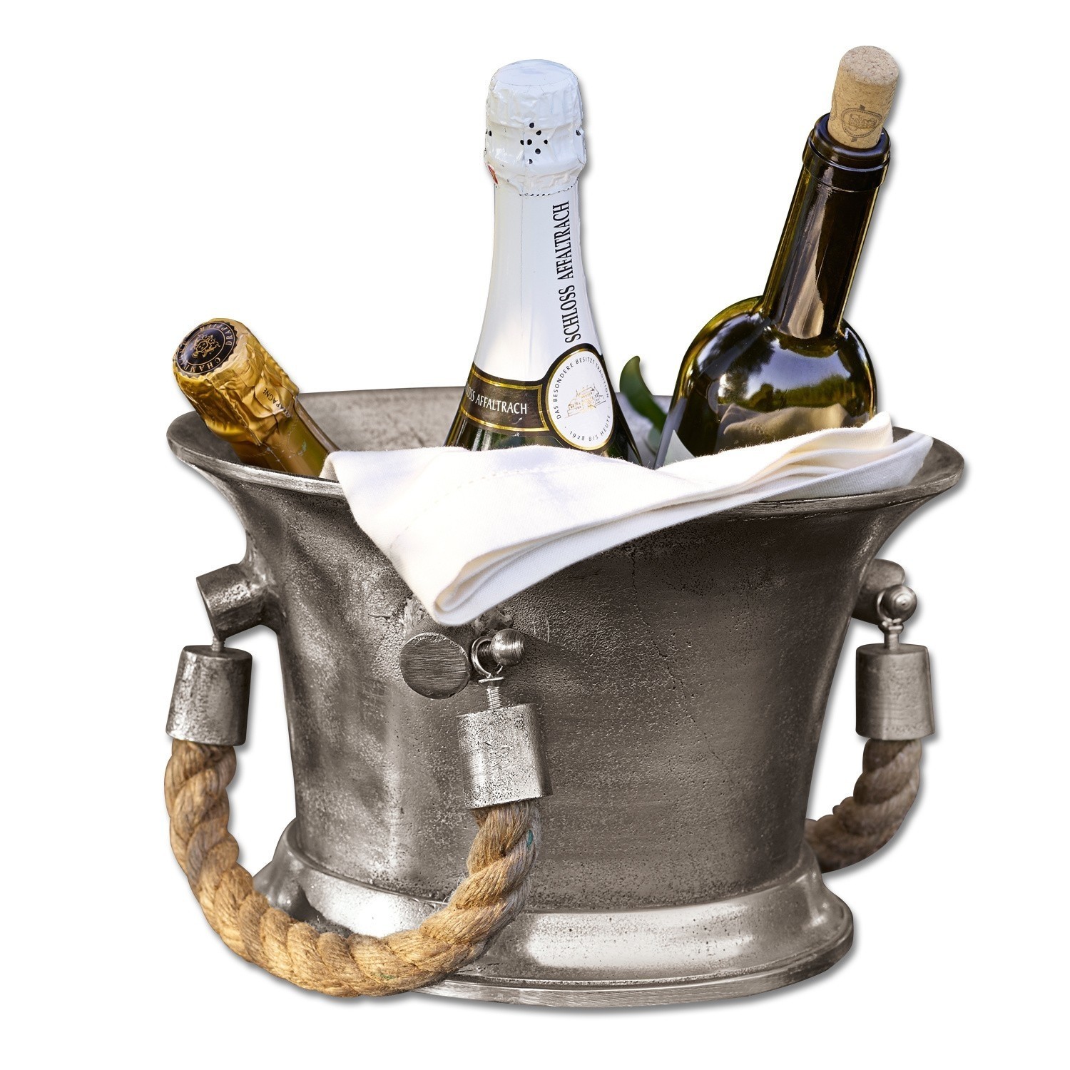 Secchiello del ghiaccio Maxwell Secchiello per ghiaccio in metallo con corda e tre bottiglie di vino, tovagliolo bianco sopra