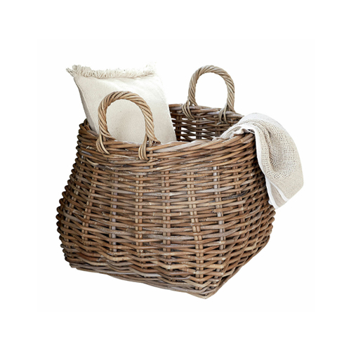 Grande cesta in vimini naturale con manici, cuscino e coperta per riporre oggetti