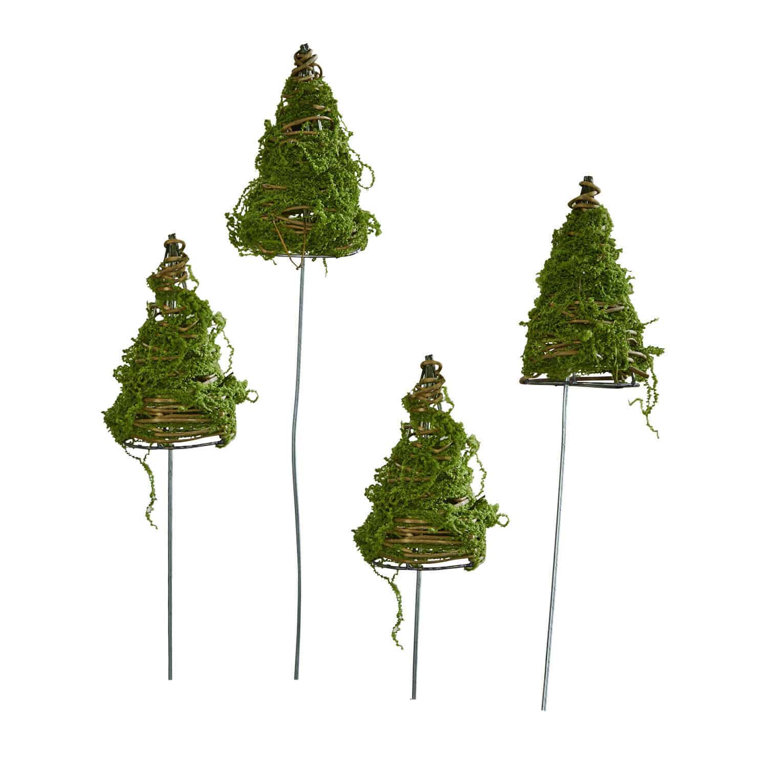 Set di 4 alberi decorativi Cassiola Piccoli alberi di Natale decorativi in muschio verde con aste metalliche per giardino o interni
