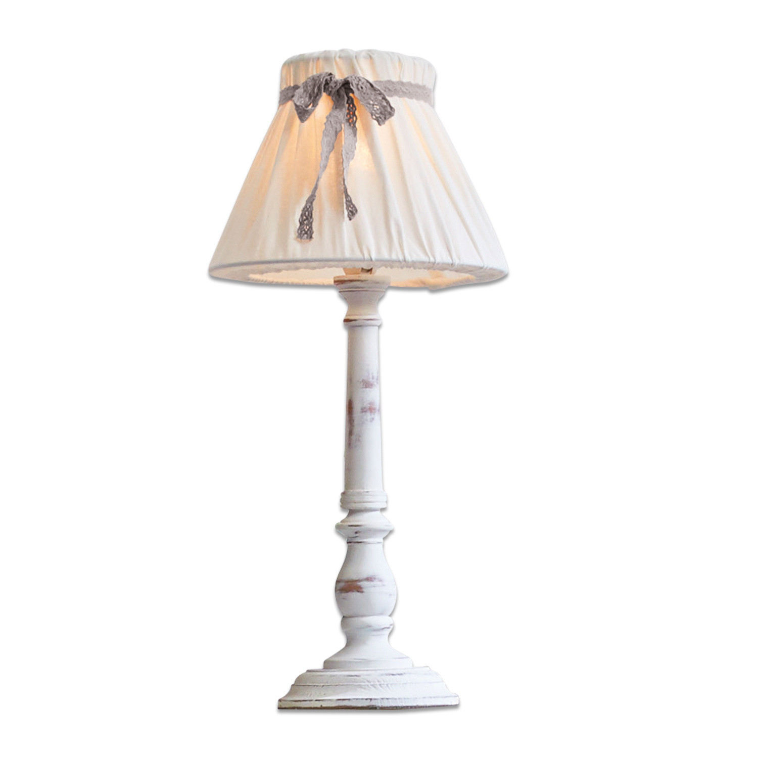 Lampada da tavolo Valentin Lampada da tavolo in legno bianco con paralume in tessuto e fiocco grigio, lampada decorativa