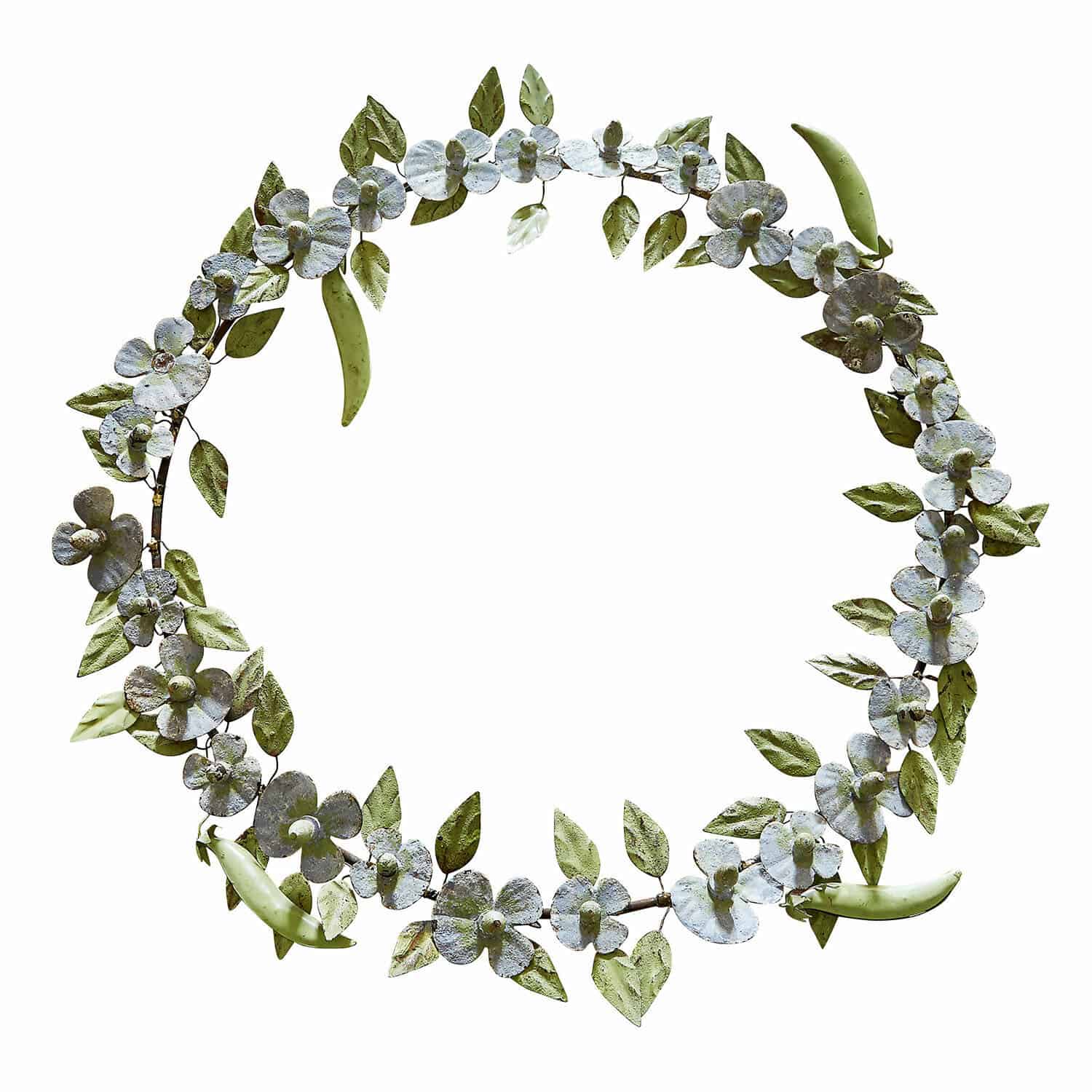 Ghirlanda Cecilia Corona decorativa in metallo con foglie verdi e fiori bianchi per interni e giardini
