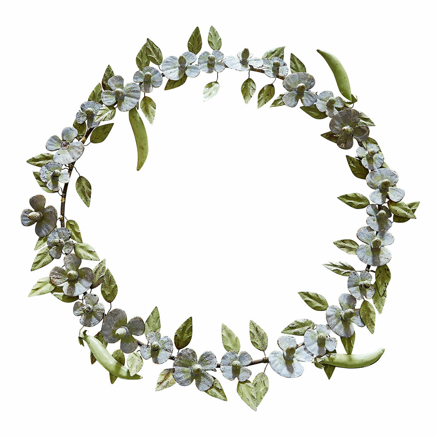 Ghirlanda Cecilia Corona decorativa in metallo con foglie verdi e fiori bianchi per interni e giardini
