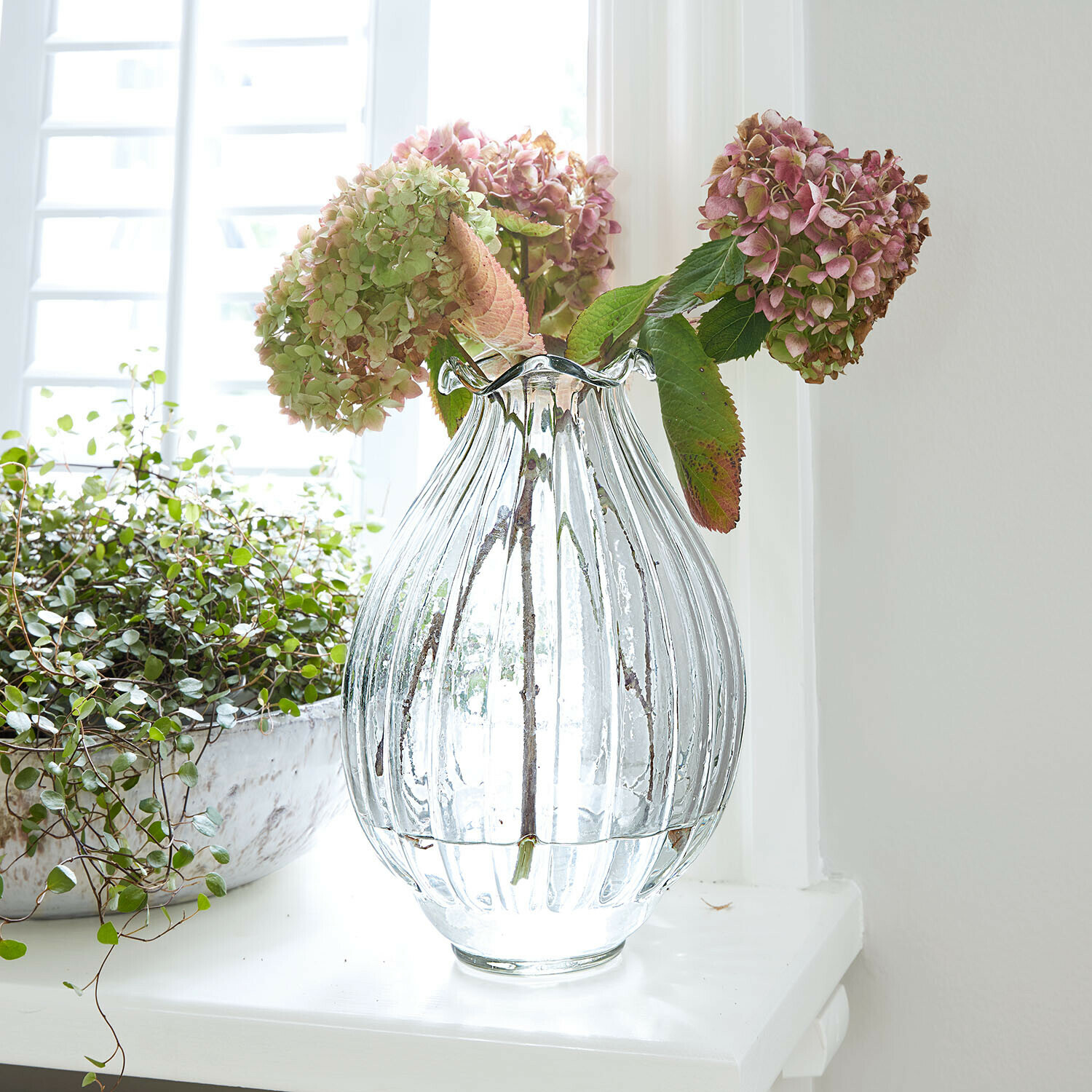 Vaso Jardin Lorrain Vaso in vetro trasparente scanellato con ortensie rosa e verdi su davanzale bianco