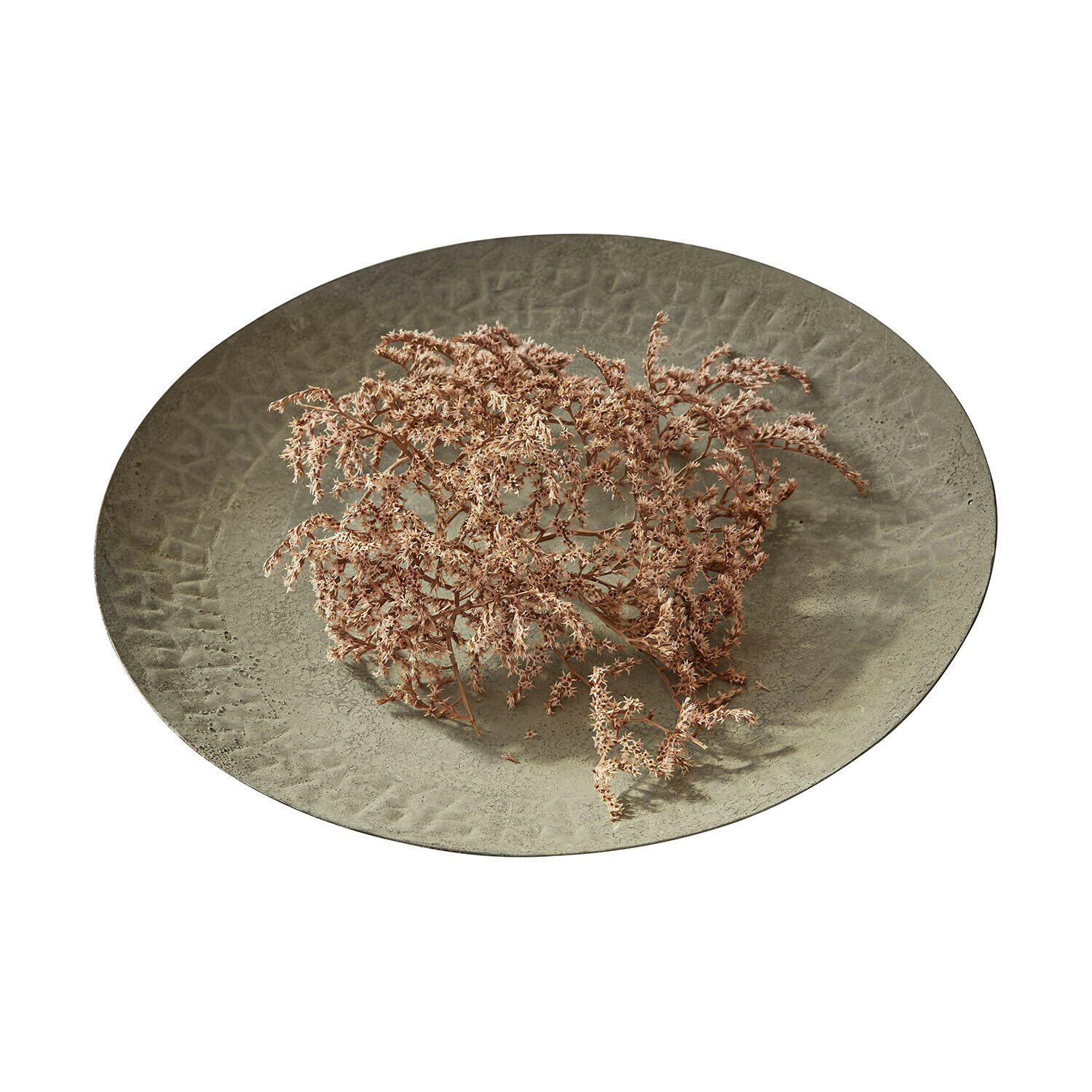 Vassoio Nalira Grande ciotola decorativa grigia con texture e fiori secchi rosa al centro, decorazione per interni