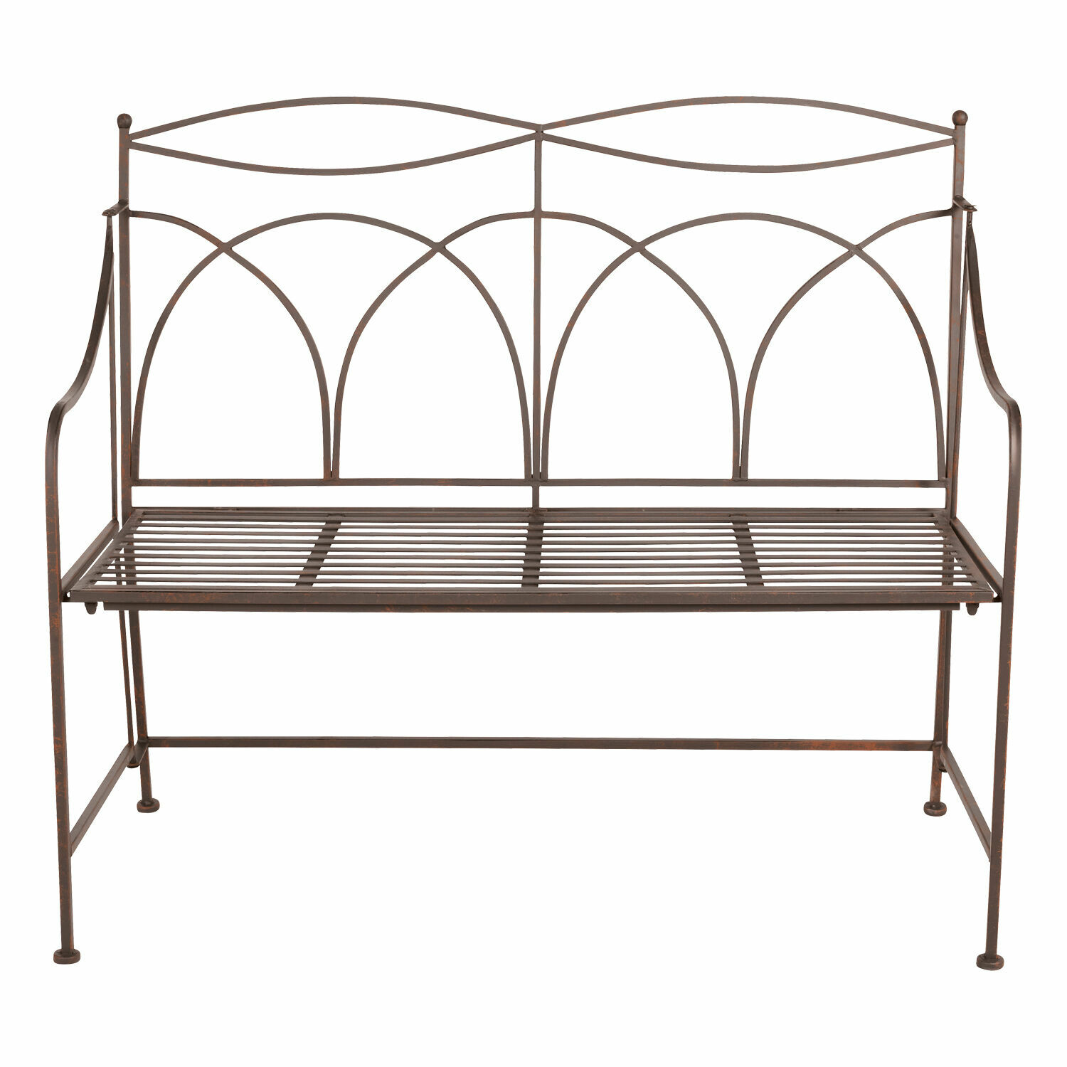 marrone Panca da giardino in metallo marrone con schienale decorativo e seduta a doghe, mobili da esterno resistenti