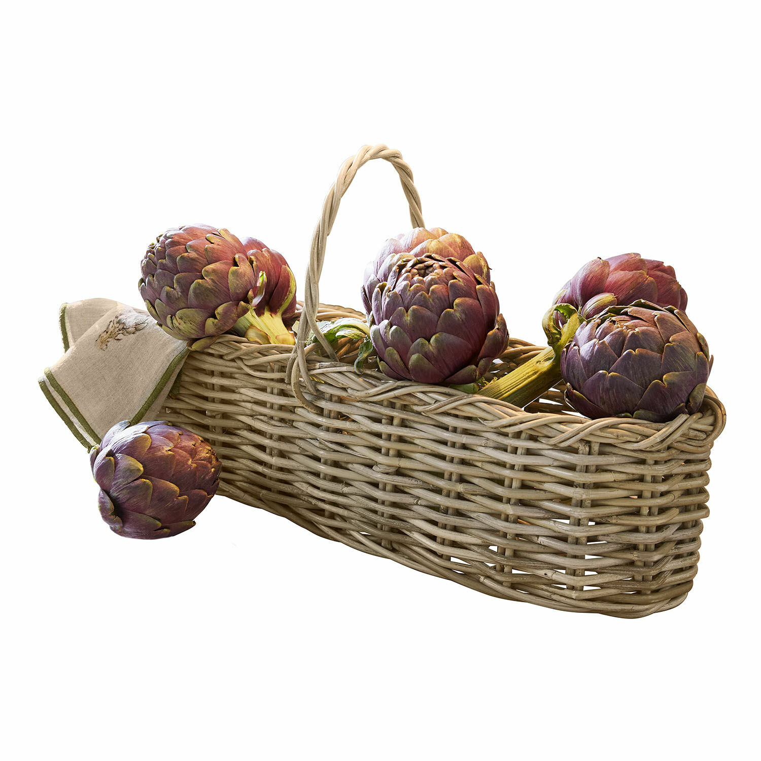 Cesto Allegretta Cesto di vimini con manico pieno di carciofi viola su sfondo bianco, decorazione cucina