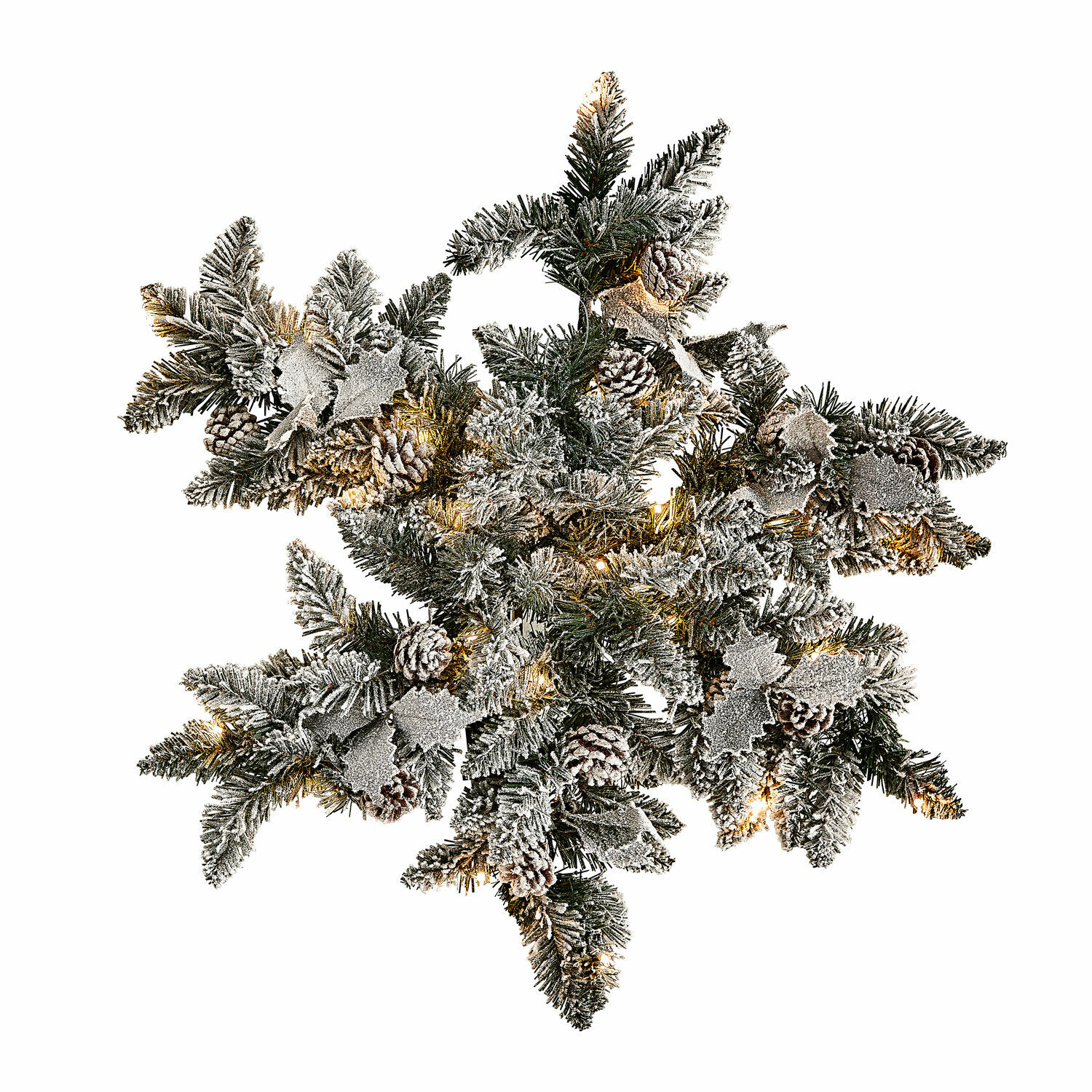 Fiocco di neve con luci a LED Azimara Decorazione natalizia con rami verdi, pigne e foglie argentate, luci LED integrate