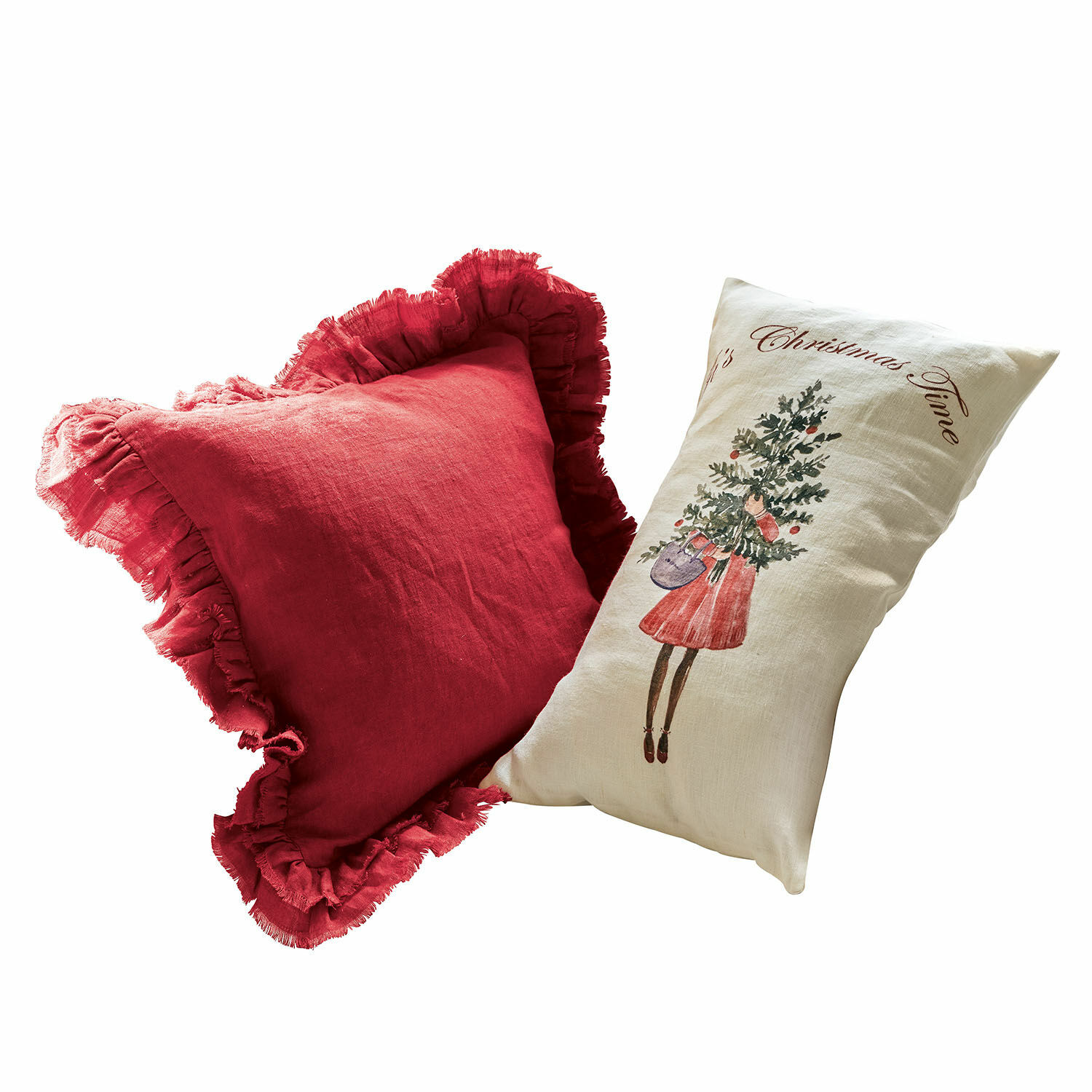 Coppia di copricuscini Christmas Time Set di due cuscini decorativi in lino rosso e crema con motivo natalizio